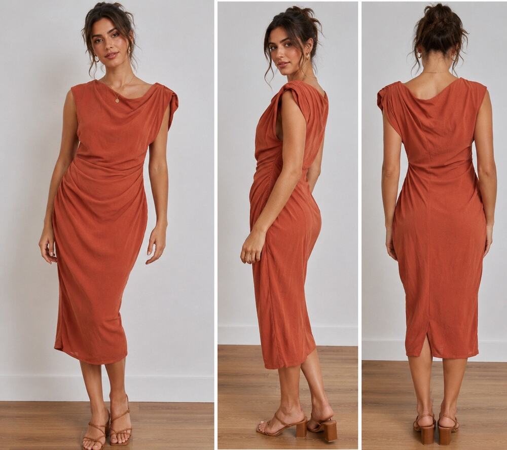 ASOS DESIGN Ruched Draped Midi Dress – Rust – US 8
